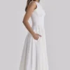 Scarlett White Cotton Lace Trim Waist Cinch Midi Dress