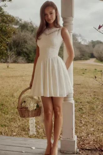 Scarlett White Embroidered Cotton Lace Trim Mini Dress