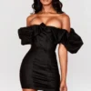 Selena Black Satin Puff Shoulder Dress