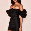 Selena Black Satin Puff Shoulder Dress