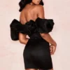 Selena Black Satin Puff Shoulder Dress