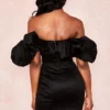 Selena Black Satin Puff Shoulder Dress