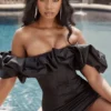 Selena Black Satin Puff Shoulder Dress