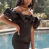 Selena Black Satin Puff Shoulder Dress