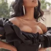 Selena Black Satin Puff Shoulder Dress