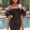 Selena Black Satin Puff Shoulder Dress