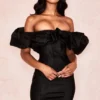 Selena Black Satin Puff Shoulder Dress