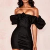 Selena Black Satin Puff Shoulder Dress