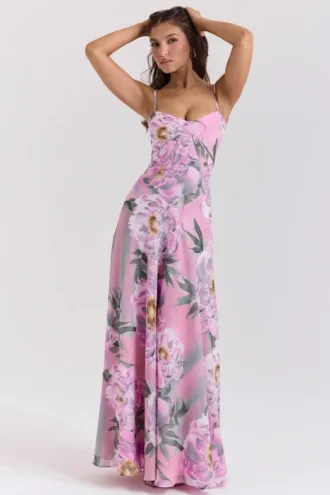Seren Pink Floral Print Lace Back Maxi Dress