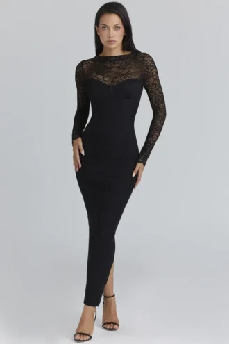 Shiloh Black Lace Long Sleeved Corset Maxi Dress