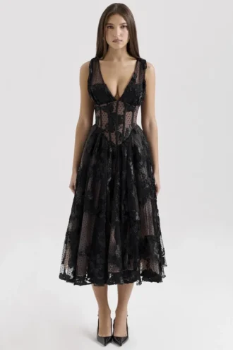 Sianna Black Embroidered Tulle Corset Midi Dress