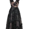 Sianna Black Embroidered Tulle Corset Midi Dress