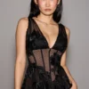 Sianna Black Embroidered Tulle Corset Midi Dress