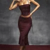 Sidonie Wine Satin Lace Up Midi Skirt
