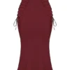 Sidonie Wine Satin Lace Up Midi Skirt