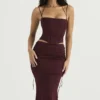 Sidonie Wine Satin Lace Up Midi Skirt
