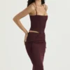 Sidonie Wine Satin Lace Up Midi Skirt