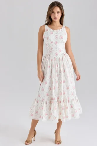 Sienna Rose Print Stretch Cotton Lace Up Midi Dress