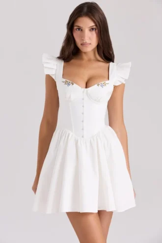 Sisi White Cotton Embroidered Mini Dress