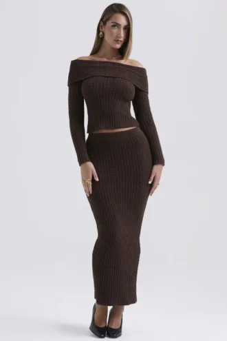 Sloane Chocolate Soft Cotton Boucle Maxi Skirt