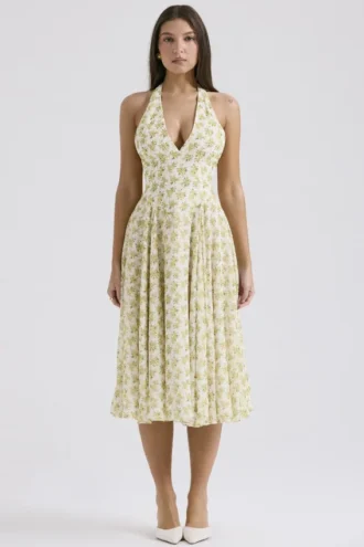 Solada Ivory Vintage Floral Print Georgette Halter Sundress
