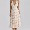 Solada Ivory Vintage Rose Print Georgette Midi Halter Dress