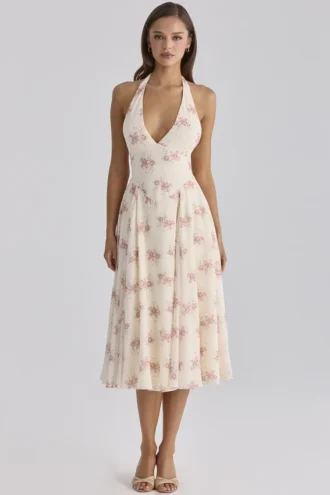 Solada Ivory Vintage Rose Print Georgette Midi Halter Dress