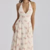 Solada Ivory Vintage Rose Print Georgette Midi Halter Dress