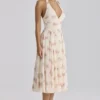 Solada Ivory Vintage Rose Print Georgette Midi Halter Dress