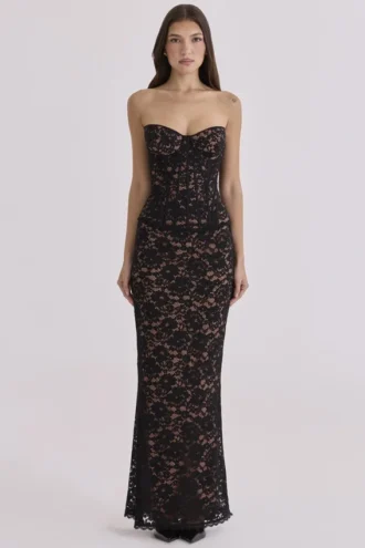 Solaine Black + Blush Lace Corset Maxi Dress