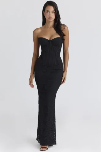 Solaine Black Lace Corset Maxi Dress