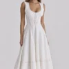 Solana White Cotton Waist Cinch Midi Sundress