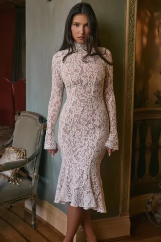 Sophia Vintage Ivory Lace Fitted Midi Dress
