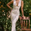Sophina White Cotton Broderie Anglais Plunge Maxi Dress