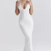 Sophina White Cotton Broderie Anglais Plunge Maxi Dress