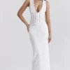 Sophina White Cotton Broderie Anglais Plunge Maxi Dress