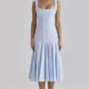 Soretta Blue Pleated Lace Up Cotton Midi Dress