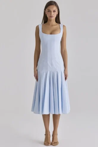 Soretta Blue Pleated Lace Up Cotton Midi Dress