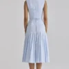 Soretta Blue Pleated Lace Up Cotton Midi Dress