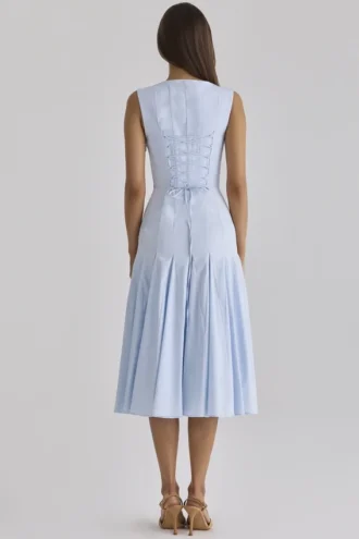 Soretta Blue Pleated Lace Up Cotton Midi Dress