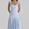 Soretta Blue Pleated Lace Up Cotton Midi Dress