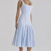 Soretta Blue Pleated Lace Up Cotton Midi Dress