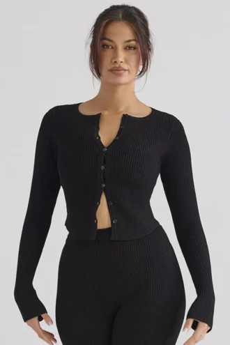 Sylvia Black Ribbed Knit Cardigan