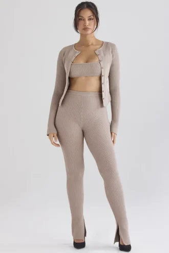 Sylvia Taupe Ribbed Knit Cardigan