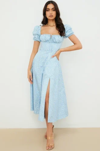 Tallulah Blue Ivory Floral Puff Sleeve Midi Dress
