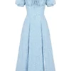 Tallulah Blue Ivory Floral Puff Sleeve Midi Dress