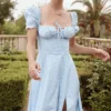 Tallulah Blue Ivory Floral Puff Sleeve Midi Dress