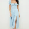 Tallulah Blue Ivory Floral Puff Sleeve Midi Dress