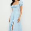 Tallulah Blue Ivory Floral Puff Sleeve Midi Dress