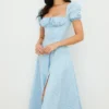 Tallulah Blue Ivory Floral Puff Sleeve Midi Dress